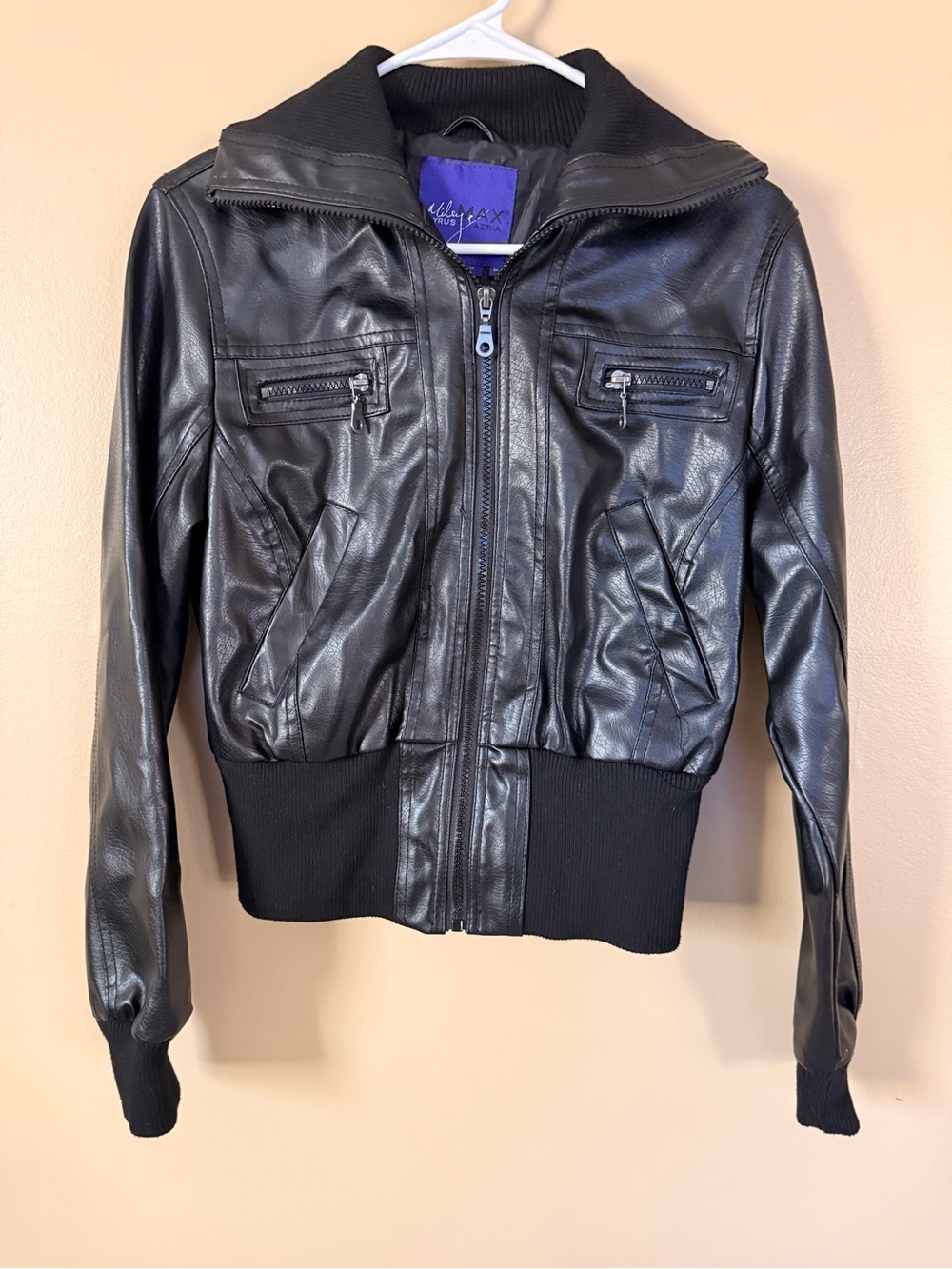 Miley Cyrus & Max Azria Black Faux Leather Bomber Jacket L | Y2K Moto